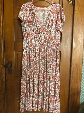 Knox Rose Coral and Cream Floral Midi Dress
